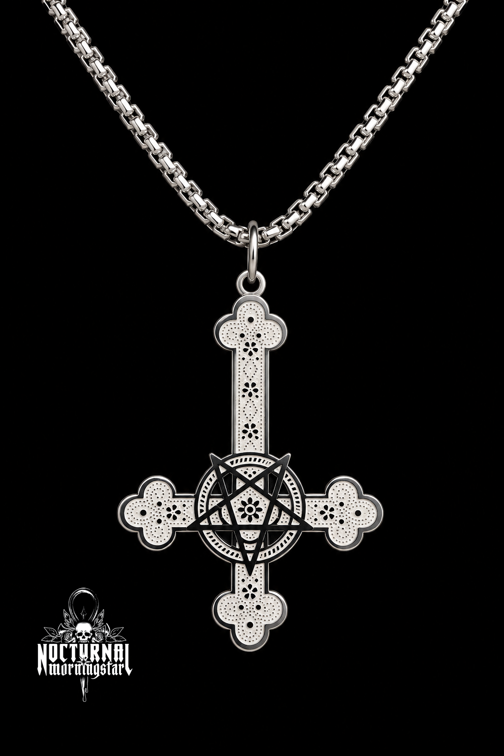 Inverted Cross with Pentagram Box Chain Necklace