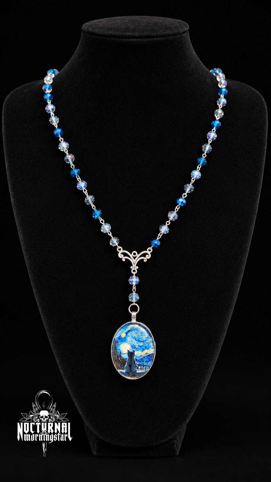 Starry Night Black Cat Cameo Rosary