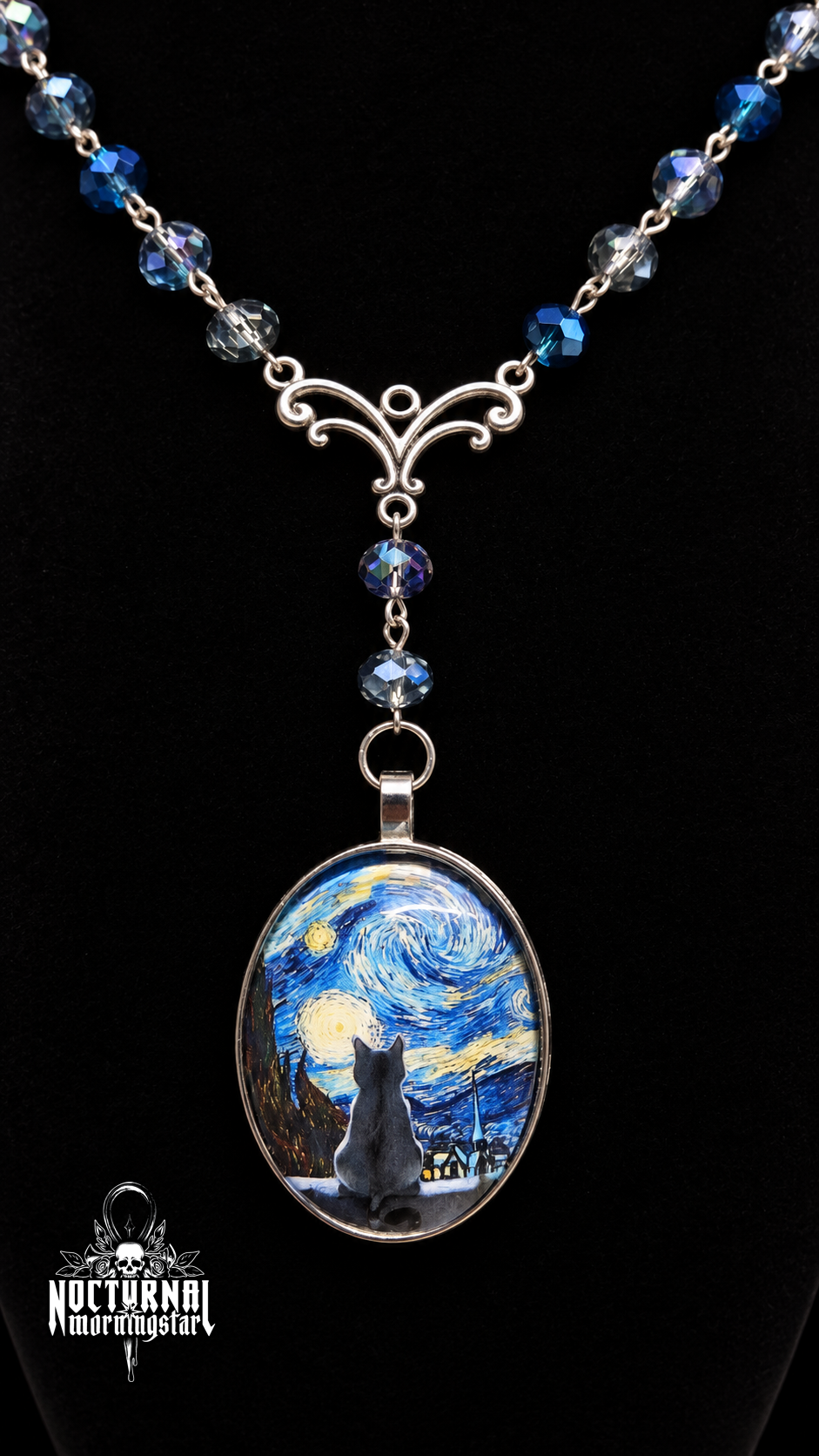 Starry Night Black Cat Cameo Rosary