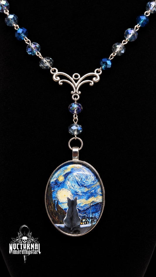 Starry Night Black Cat Cameo Rosary