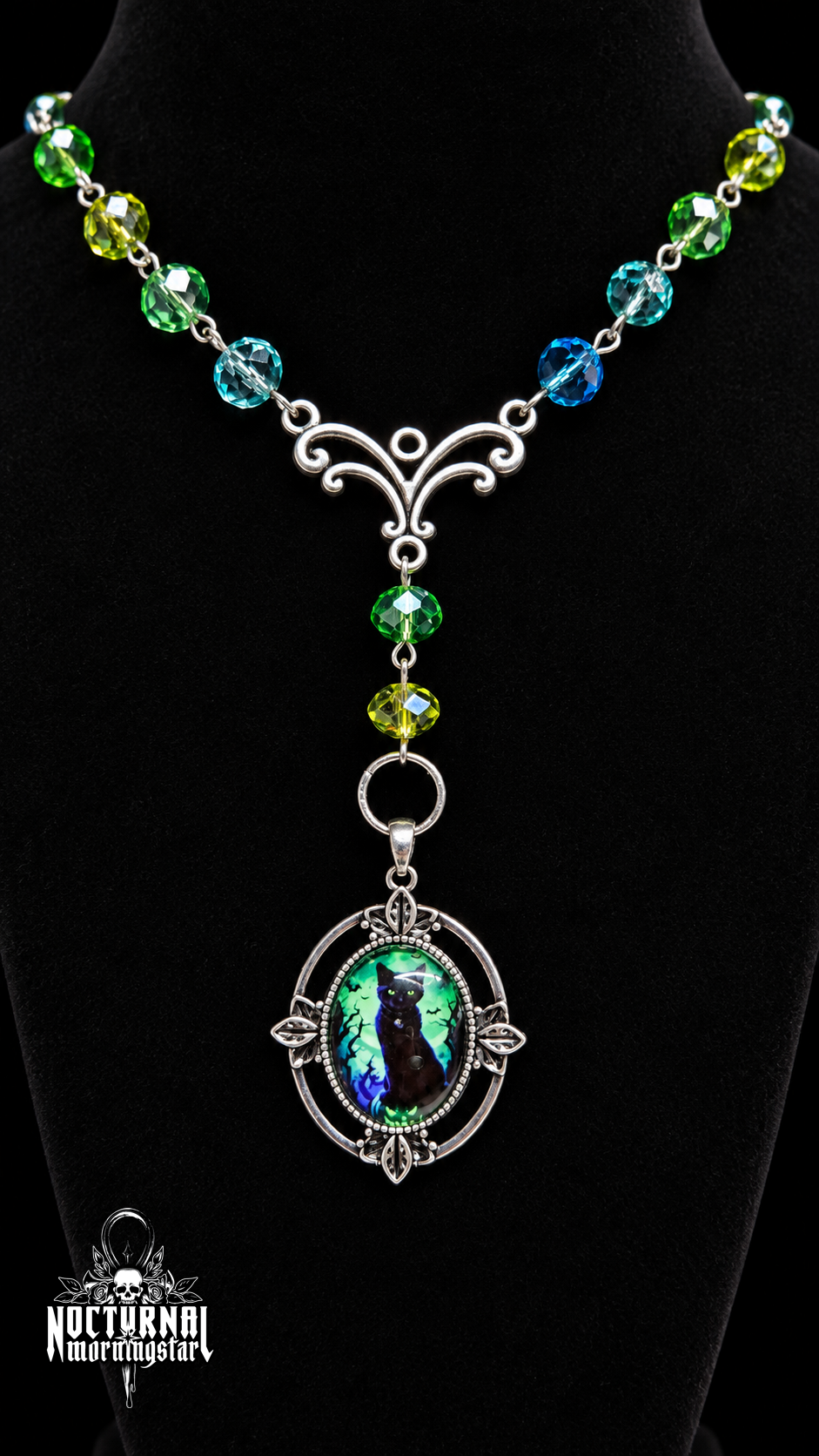 Black Cat Green/Blue Cameo Rosary