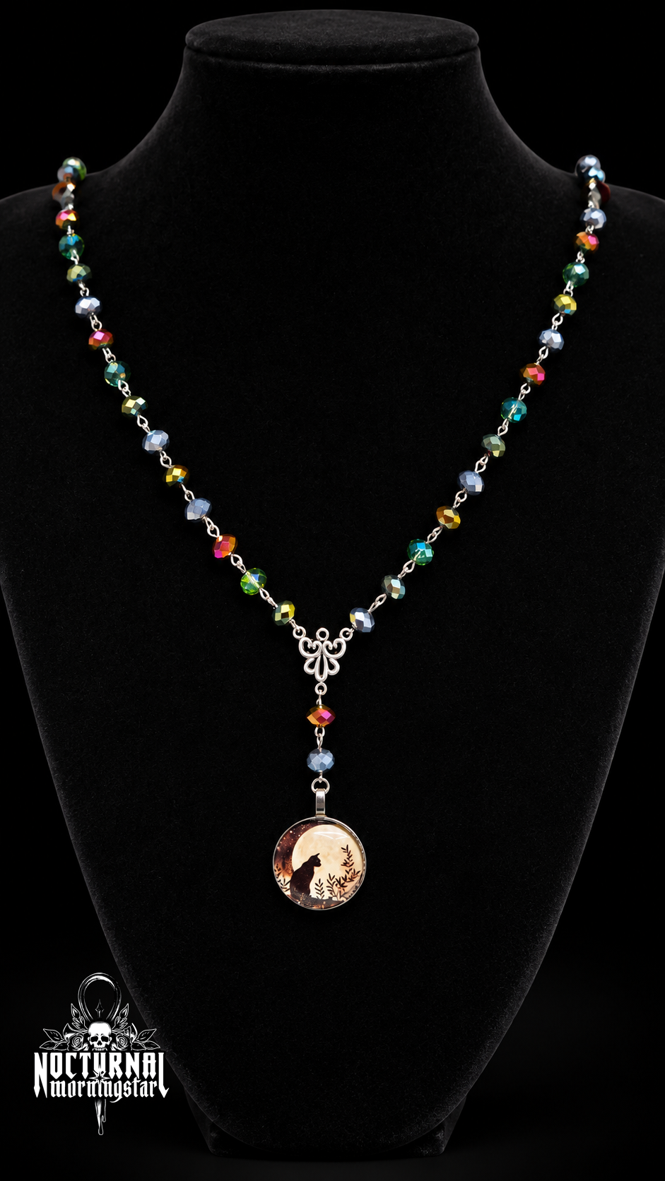 Black Cat Autumn Moon Cameo Rosary