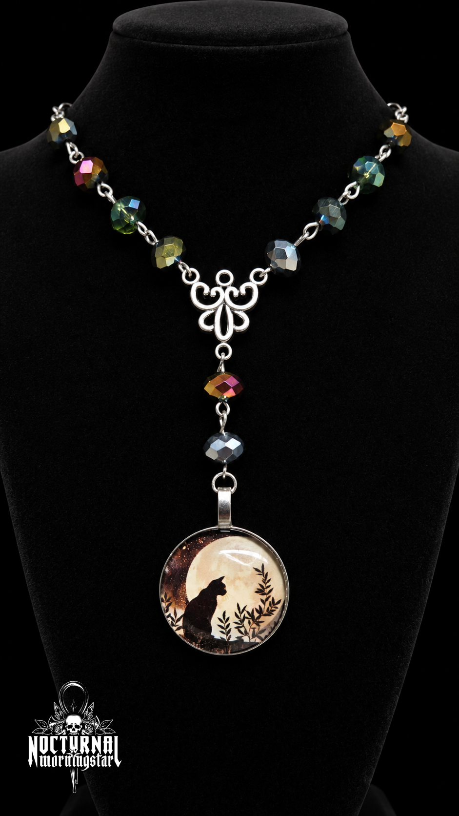 Black Cat Autumn Moon Cameo Rosary