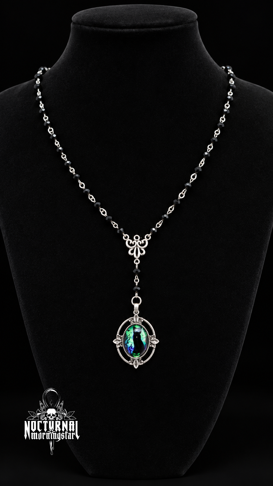 Black Cat Green/Blue Cameo Rosary