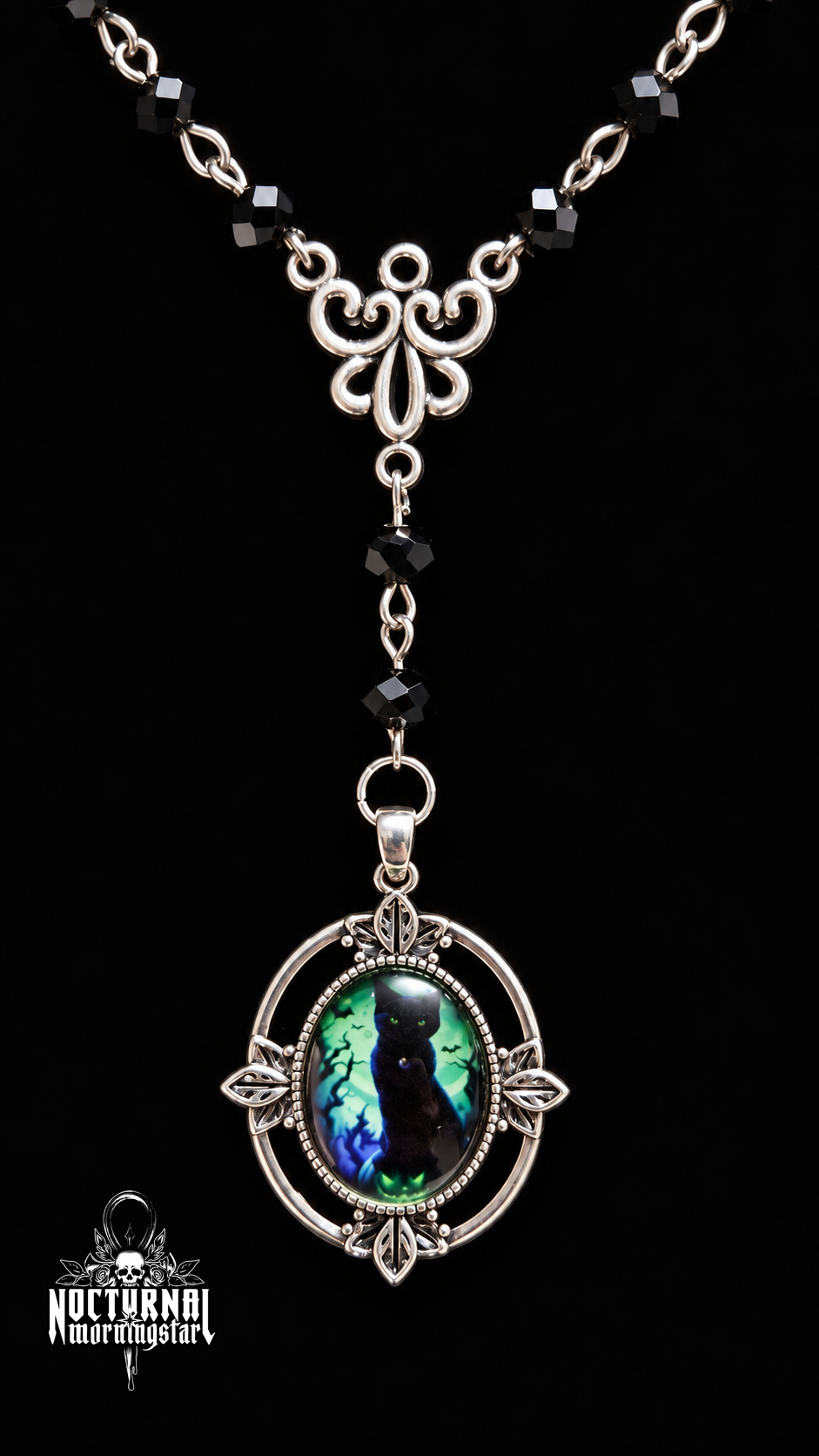 Black Cat Green/Blue Cameo Rosary
