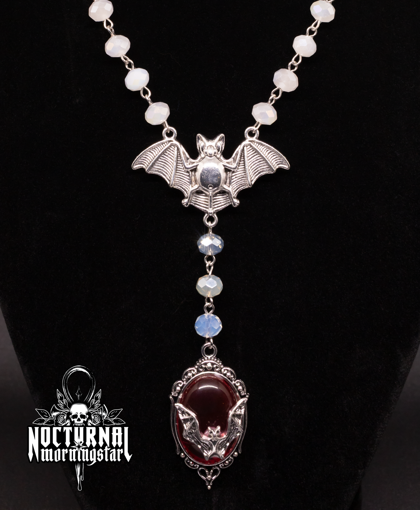 Bat Rosary White w Blood Red Cameo