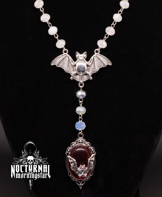 Bat Rosary White w Blood Red Cameo