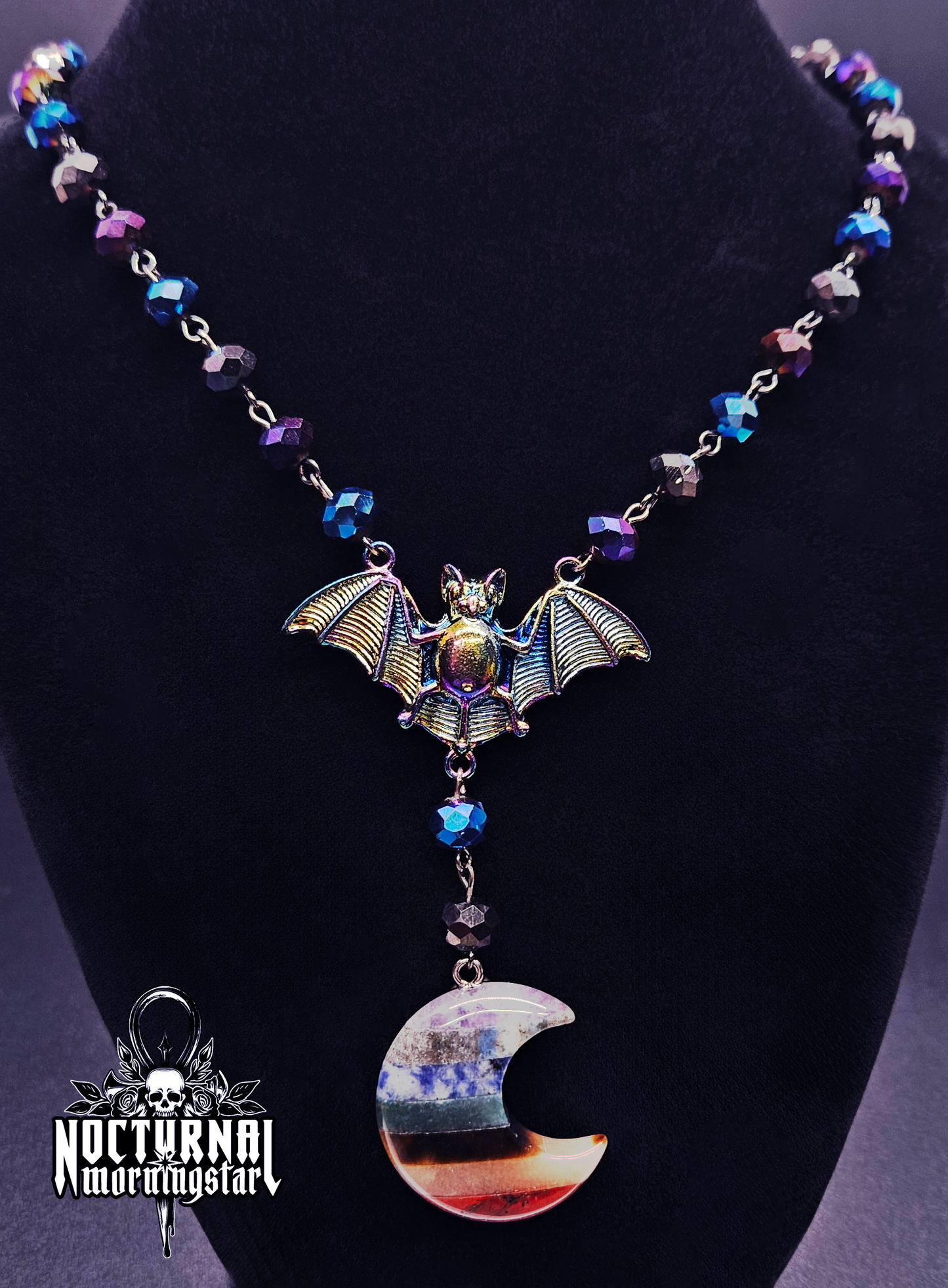 Pride Agate Moon & Bat Rosary