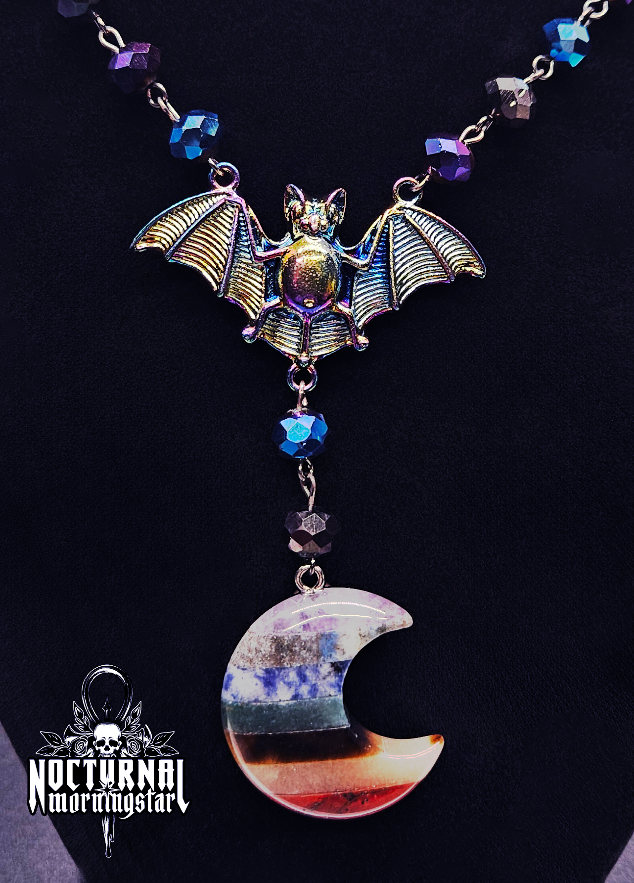 Pride Agate Moon & Bat Rosary