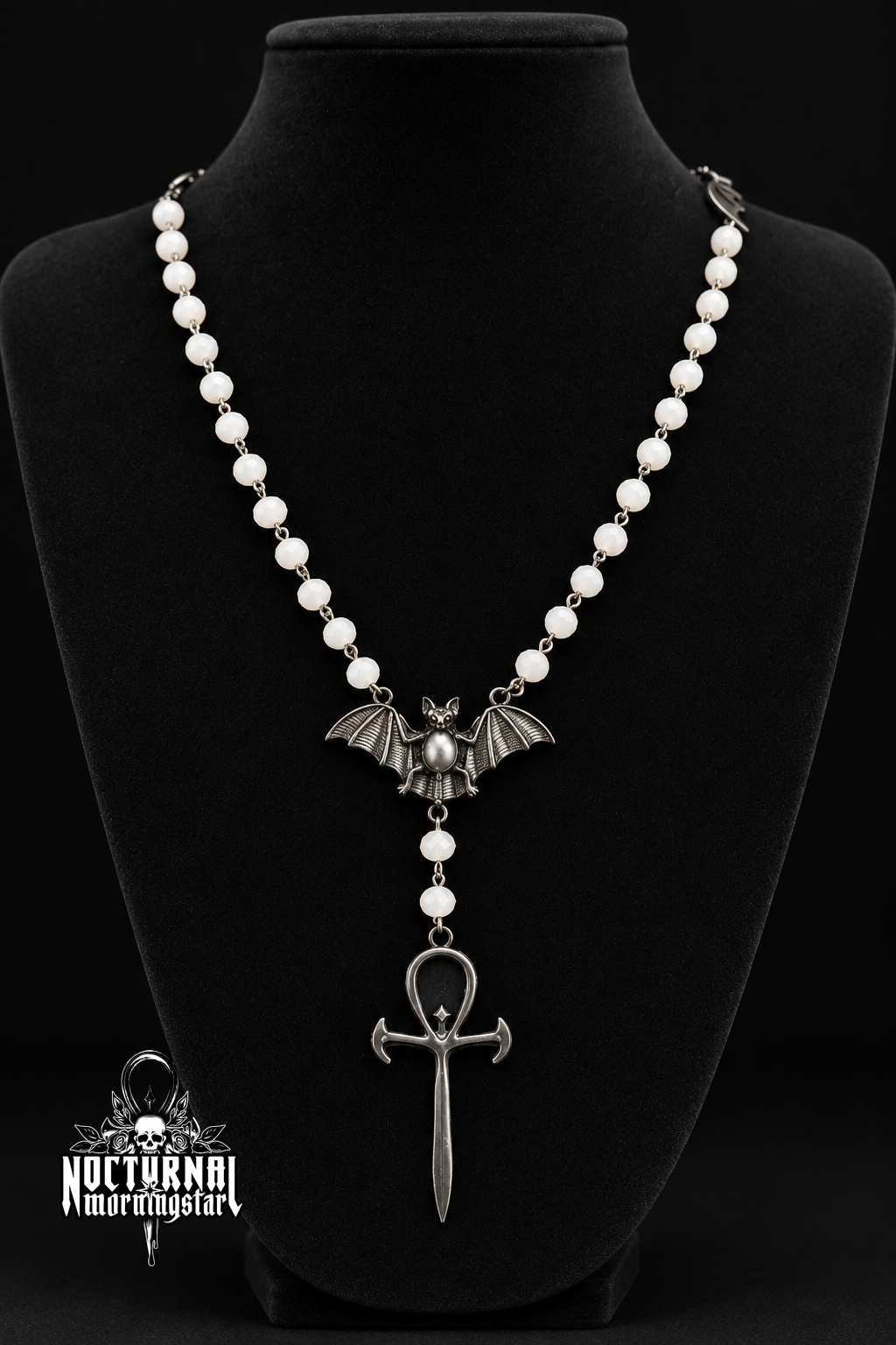 Black Vampyre Ankh Rosary (White Crystal)