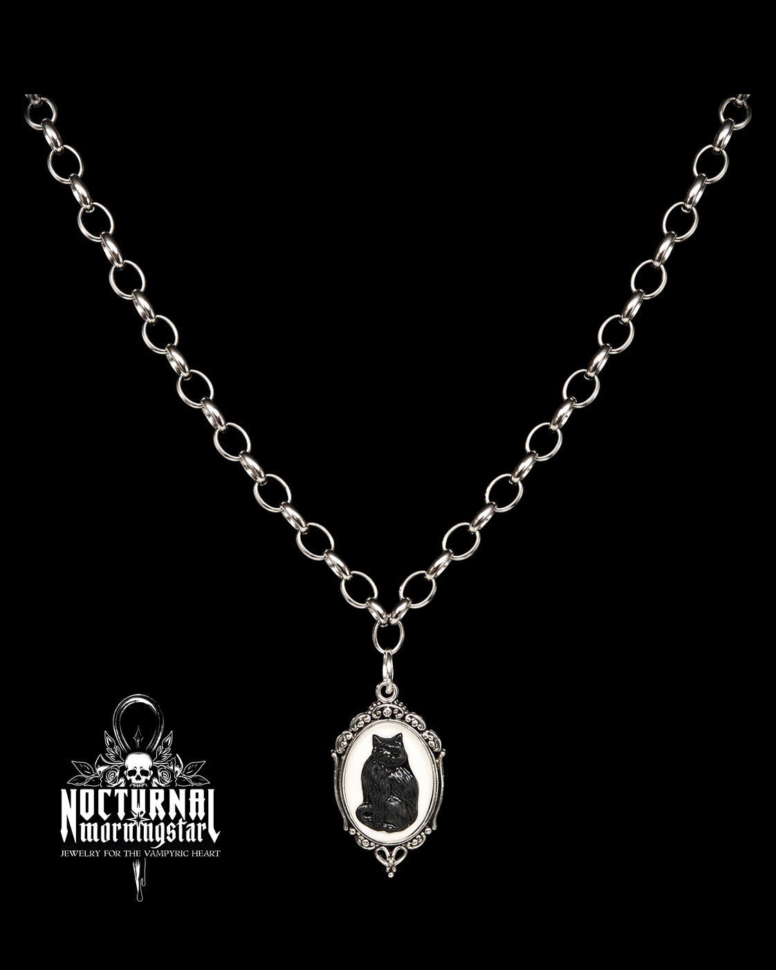 Black Cat Cameo Rolo Chain Necklace