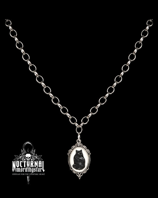 Black Cat Cameo Rolo Chain Necklace