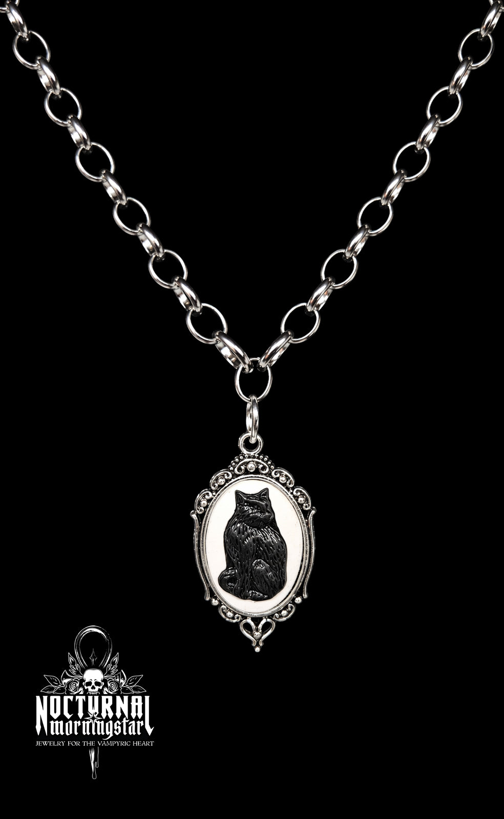 Black Cat Cameo Rolo Chain Necklace